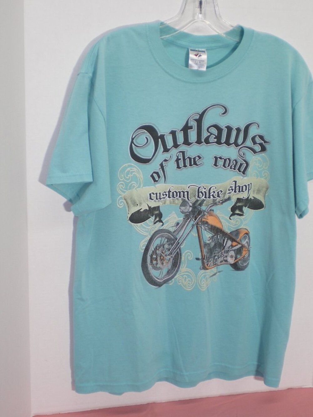 Outlaws of the Road Custom Bike Shop Light Blue Graphic Tee Shirt, Size Large